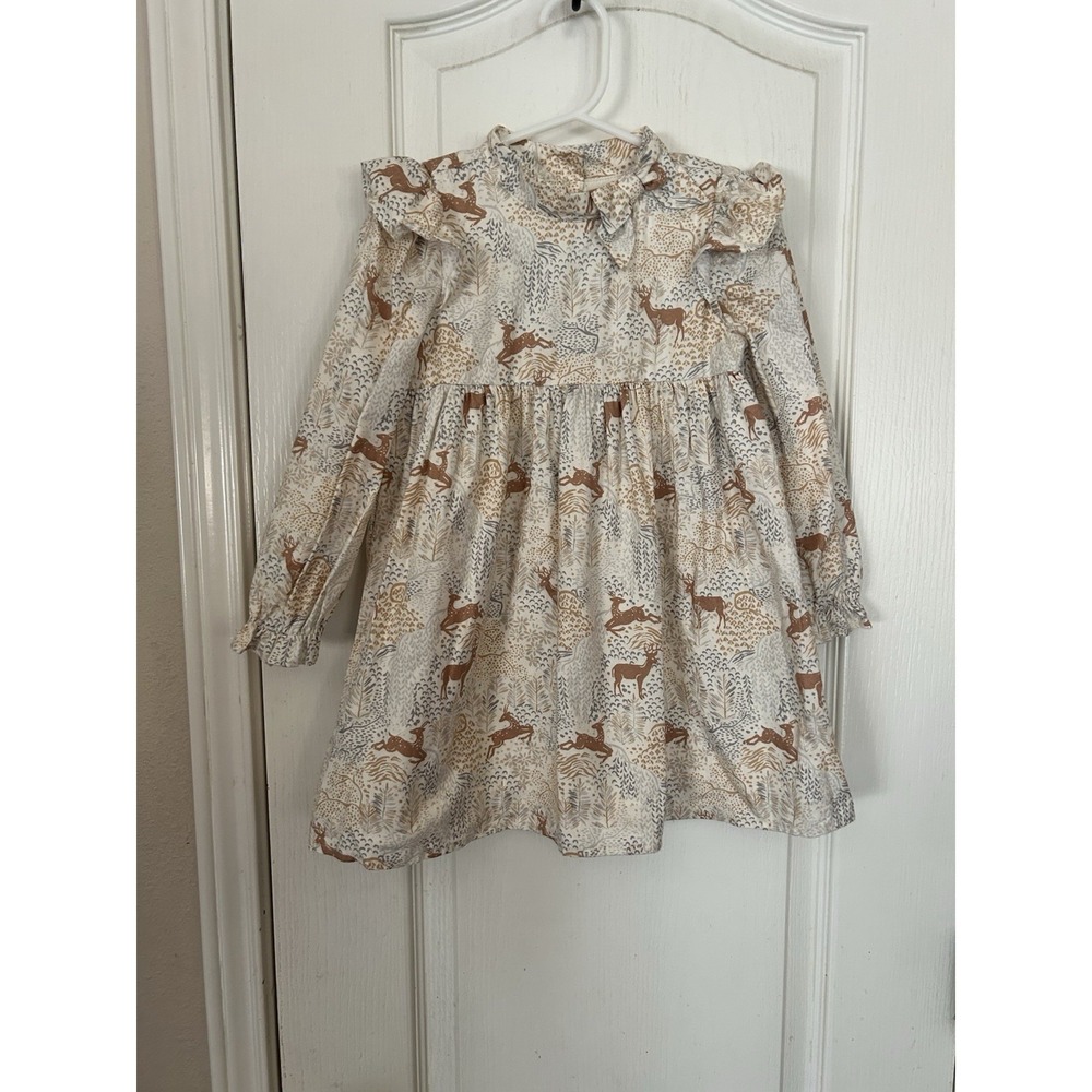 janie and jack Deer Twill Dress Sz 3 Nutmeg Cream Cotton Flannel
